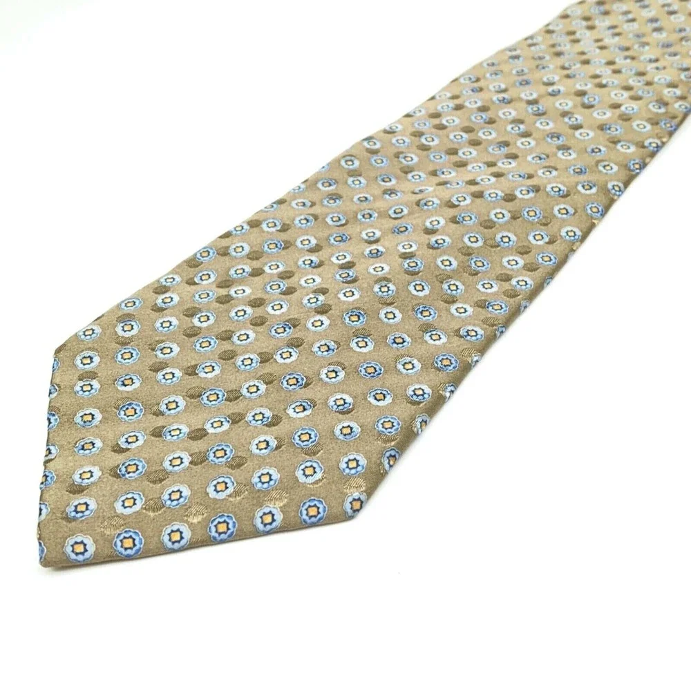 JOS A BANK Tie Grayish Beige Blue Yellow Floral 100% Silk Hand-sewn Necktie 59